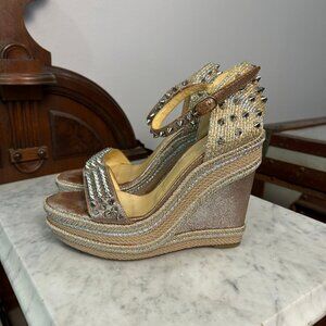 Christian Louboutin Madmonica 120 Gold/Beige Spike Wedge size 38